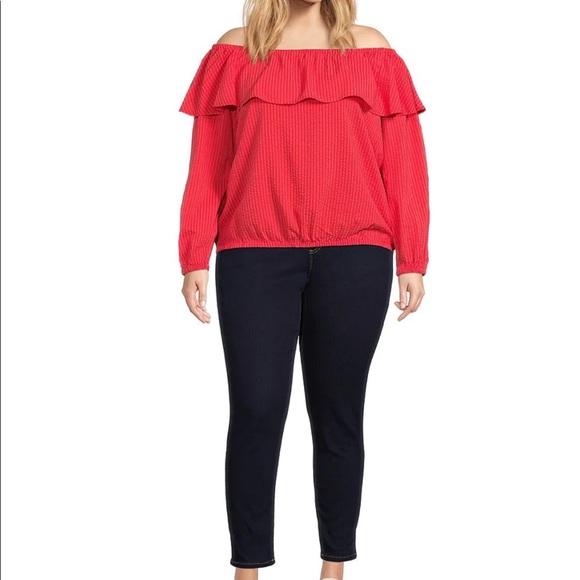 MICHAEL Michael‎ Kors Seersucker Ruffle Off-the-Shoulder Long Sleeve Peasant Top - Picture 1 of 3